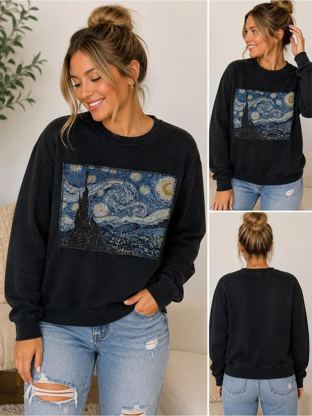 Freshly Painted Starry Night Graphic Sweatshirt Black Women’s Medium